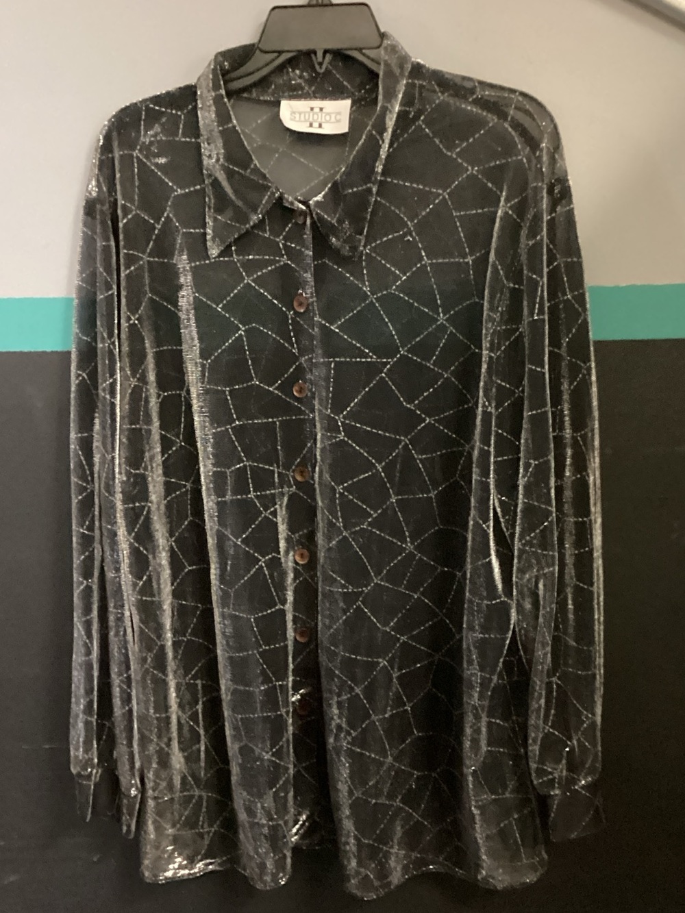 Studio C Black Shirt Jacket with Silver Geometric Stitching